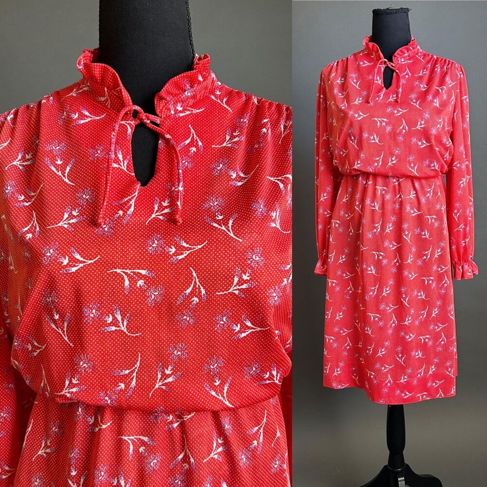 Vintage 1970s Ruffle Mock Neck Day Dress, medium large
